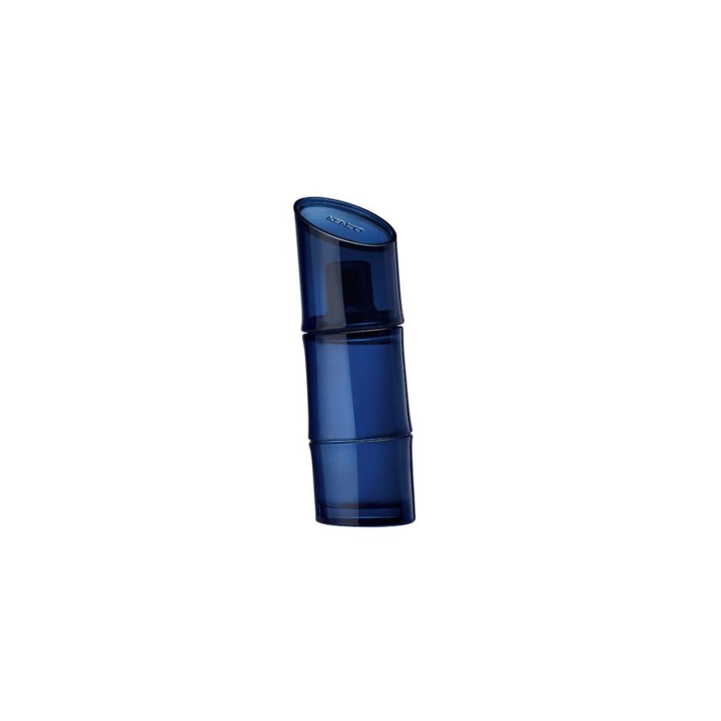 Flacon de parfum bleu, cylindrique, avec bouchon incliné. Sans emballage, sur fond blanc.