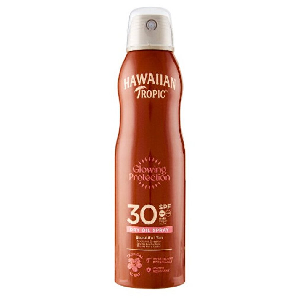 Flacon spray marron Hawaiian Tropic, SPF 30. Inscription Glowing Protection et Beautiful Tan.