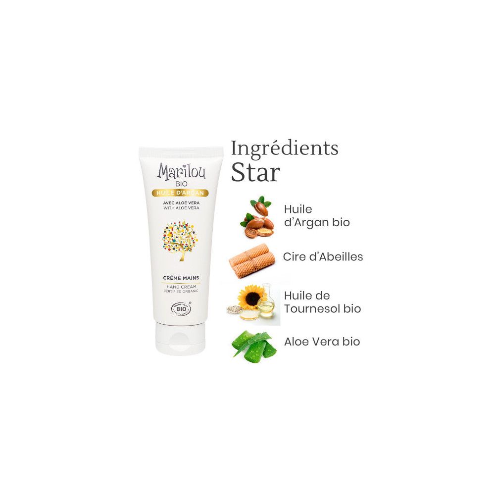 Tube blanc de crème pour les mains Marilou Bio avec Aloe Vera. Ingrédients : Huile d'argan, cire d'abeille, huile de tournesol, Aloe Vera.