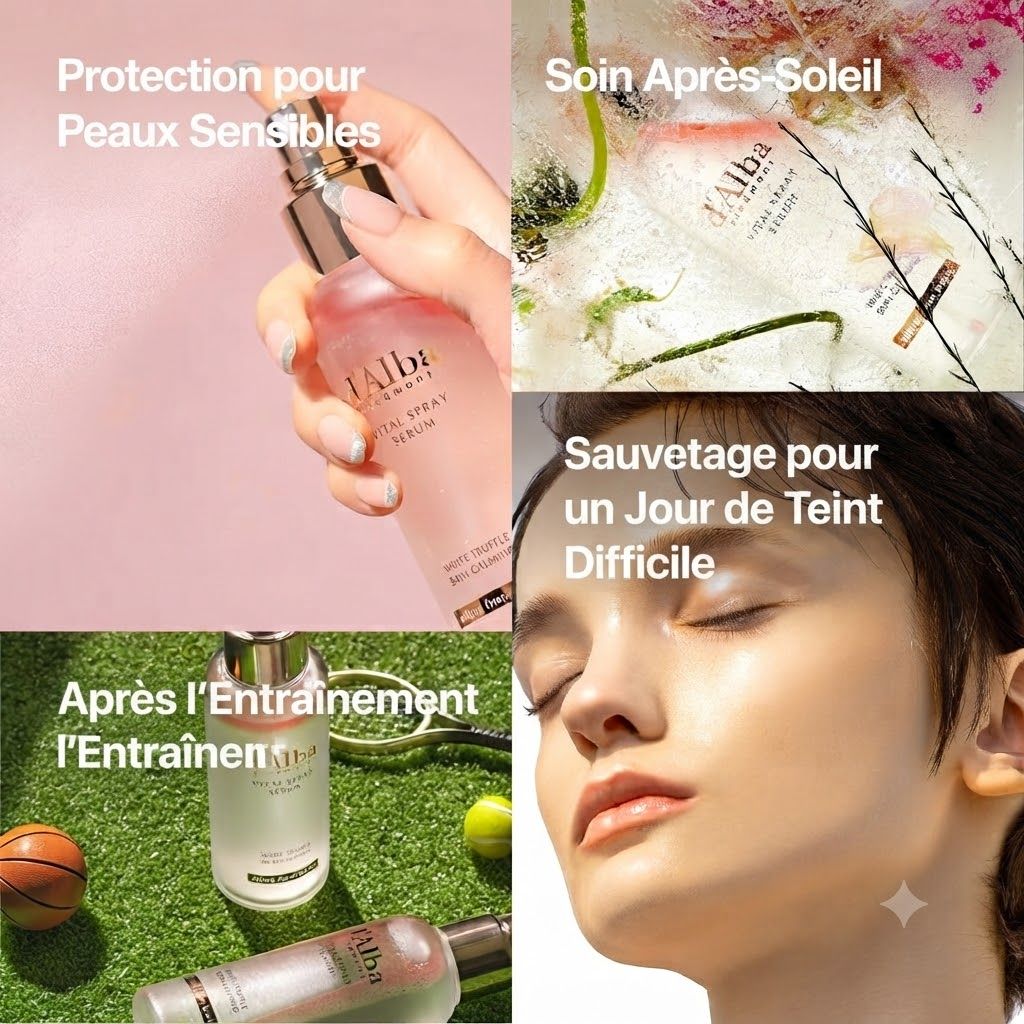 Une main tient un flacon pulvérisateur rose étiqueté 'L'Alba Vital Spray Serum'.