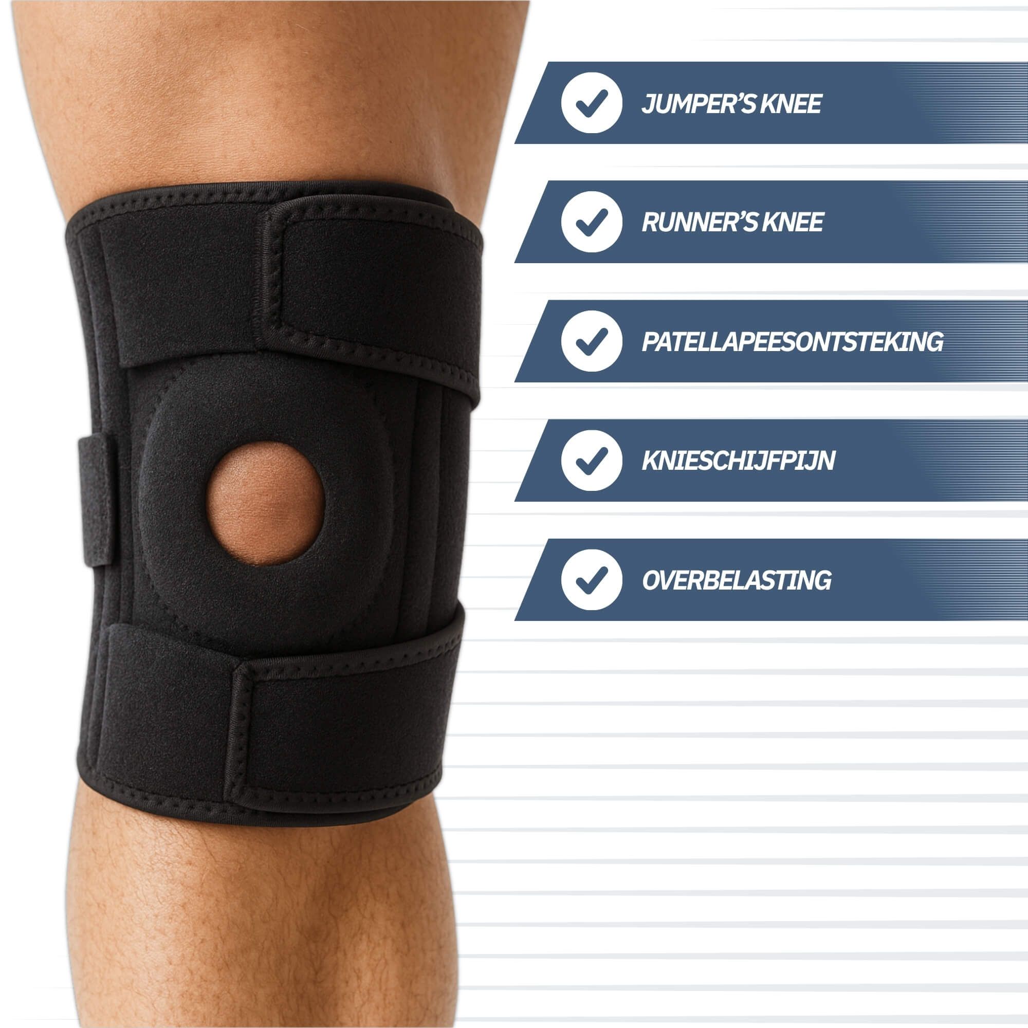 Zwarte kniebrace met patella-uitsparing en klittenbandsluitingen.