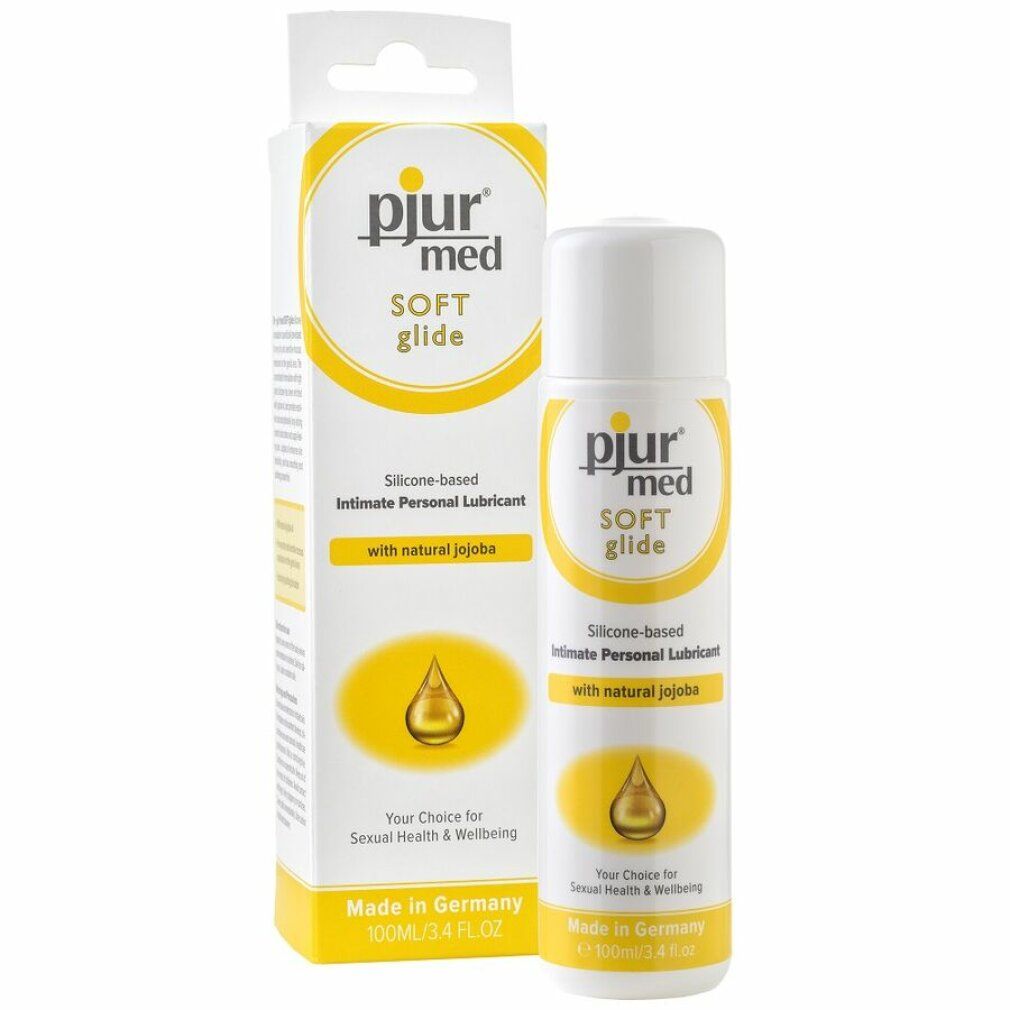 pjur med SOFT glide, siliconen glijmiddel met jojoba. Fles en verpakking. Geel-wit design. Made in Germany.