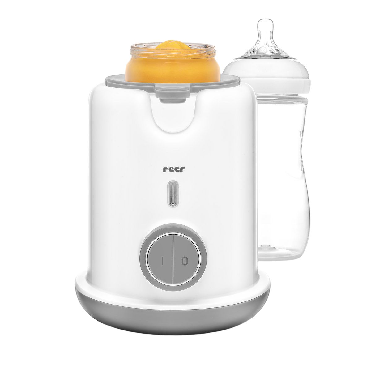 Wit-grijze babyvoedingwarmer met potje en fles. Draaiknop met I/0. Merk: reer.