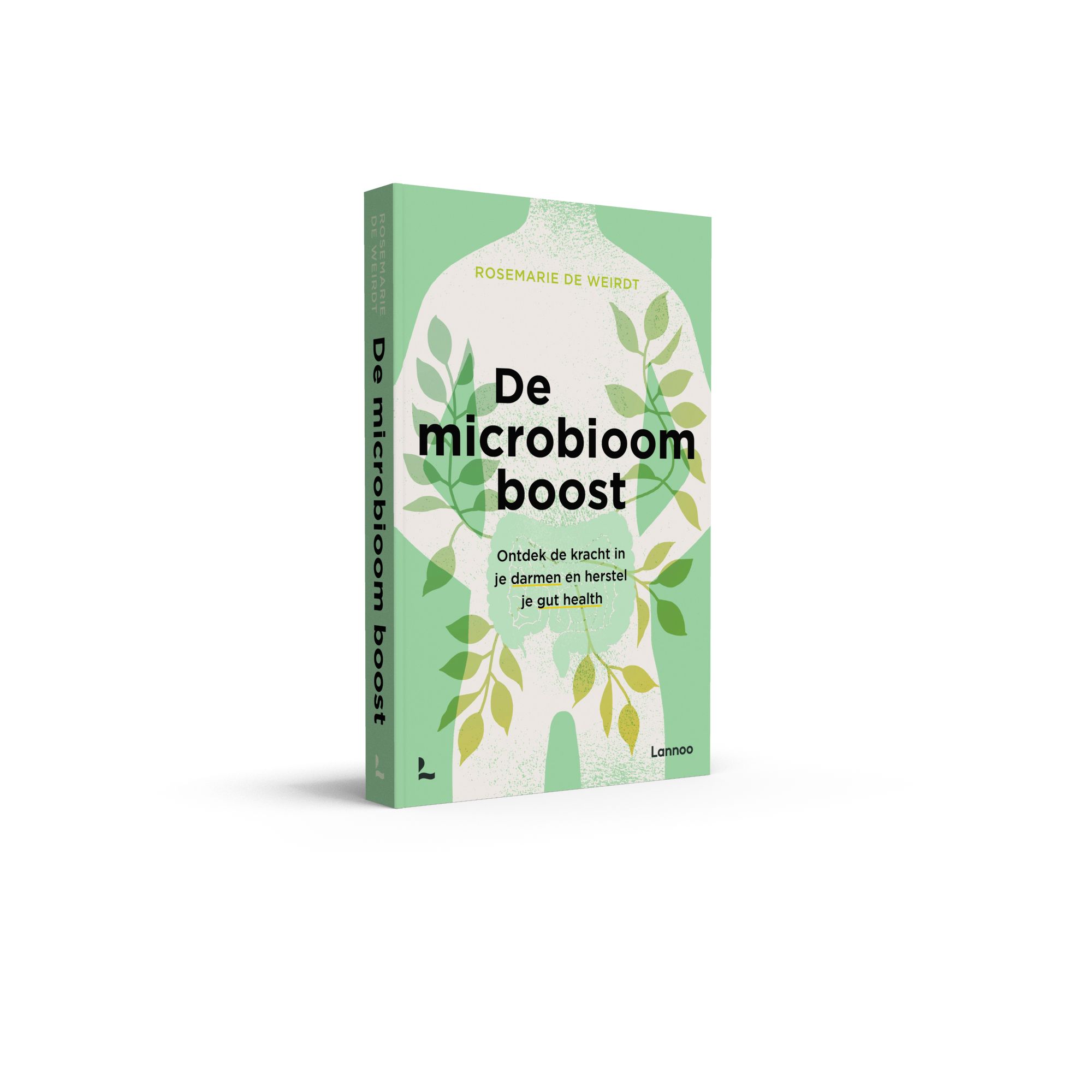 Boek "De microbioom boost" in perspectief. Titel, auteur, illustratie van planten en menselijk lichaam. Uitgeverij logo.