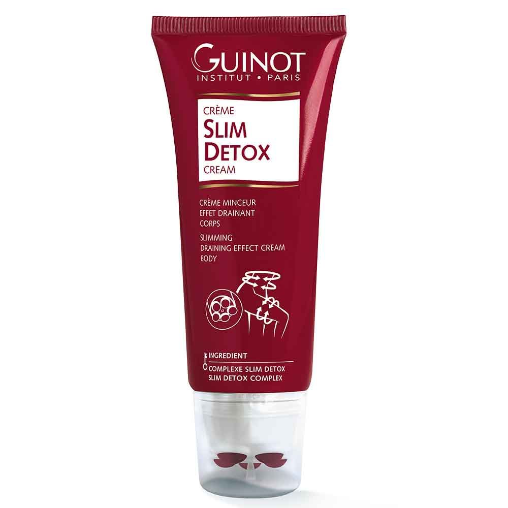 Tube rouge avec texte blanc. Crème Slim Detox. Marque: Guinot. Crème minceur pour le corps.