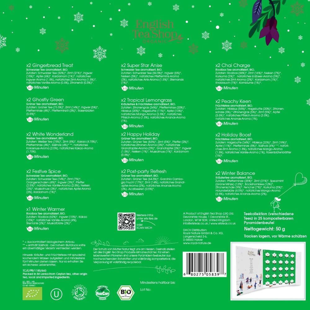 Achterkant van de adventskalender. Lijst met theesoorten met ingrediënten. Biokeurmerk en nettogewicht 50g.