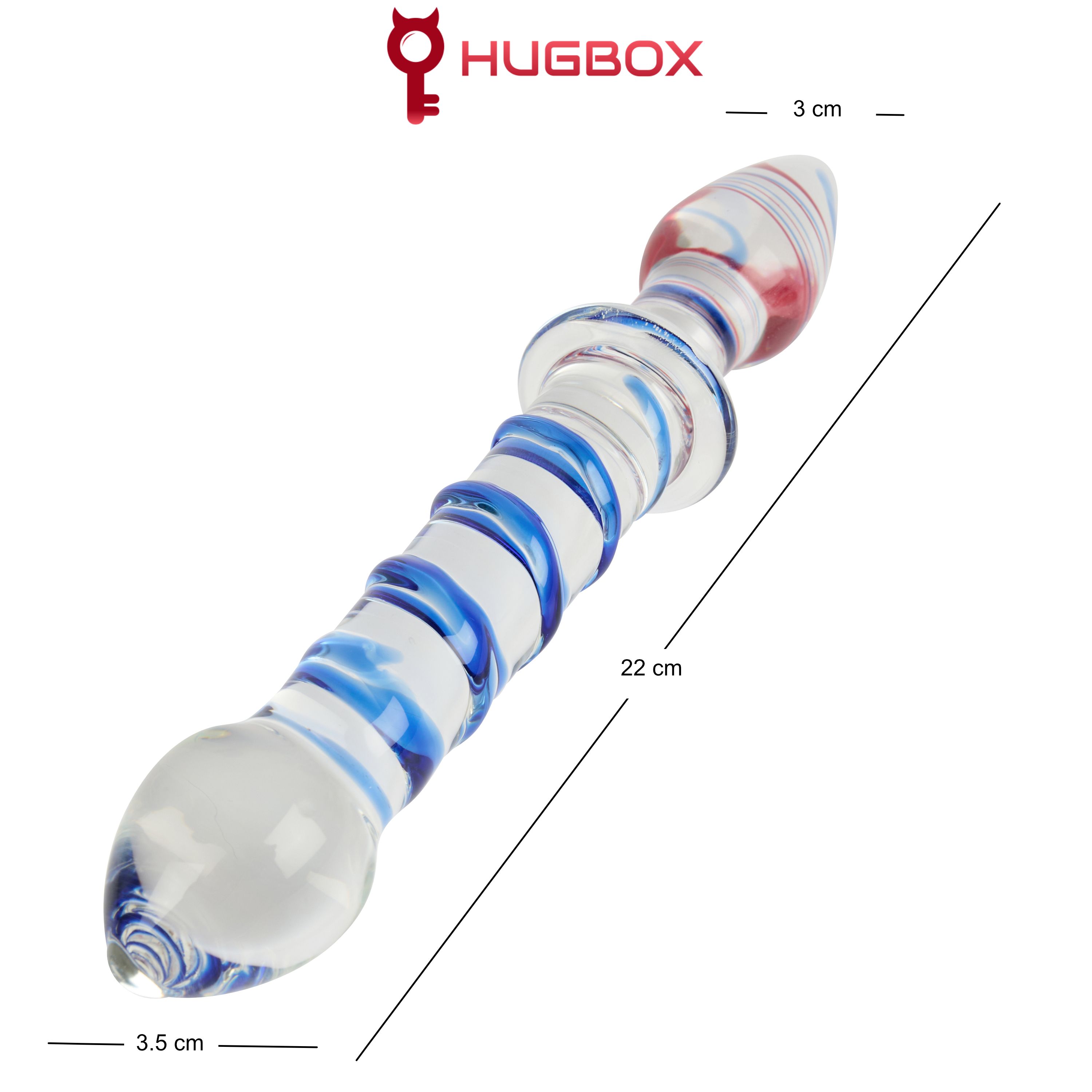 Stimulateur anal en verre, spirale bleue et blanche, accents rouges. Verre clair, extrémités arrondies. Dimensions: 22 cm long, 3,5 cm large.
