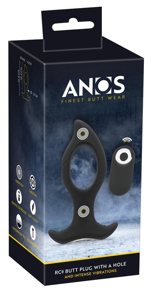 Verpakking van een RC butt plug met gat en intense vibraties.