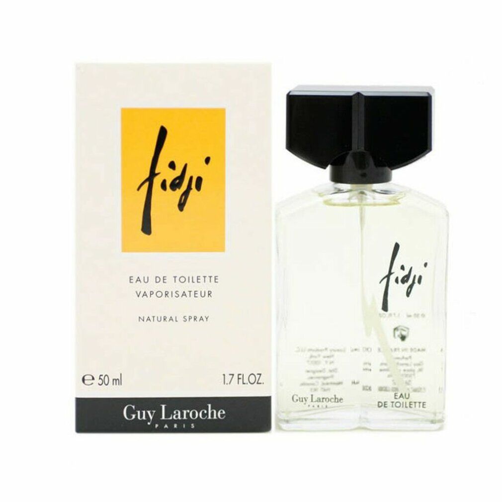 Fidji Eau de Toilette Spray van Guy Laroche. Fles en verpakking. Gele vloeistof in glazen fles met zwarte dop.