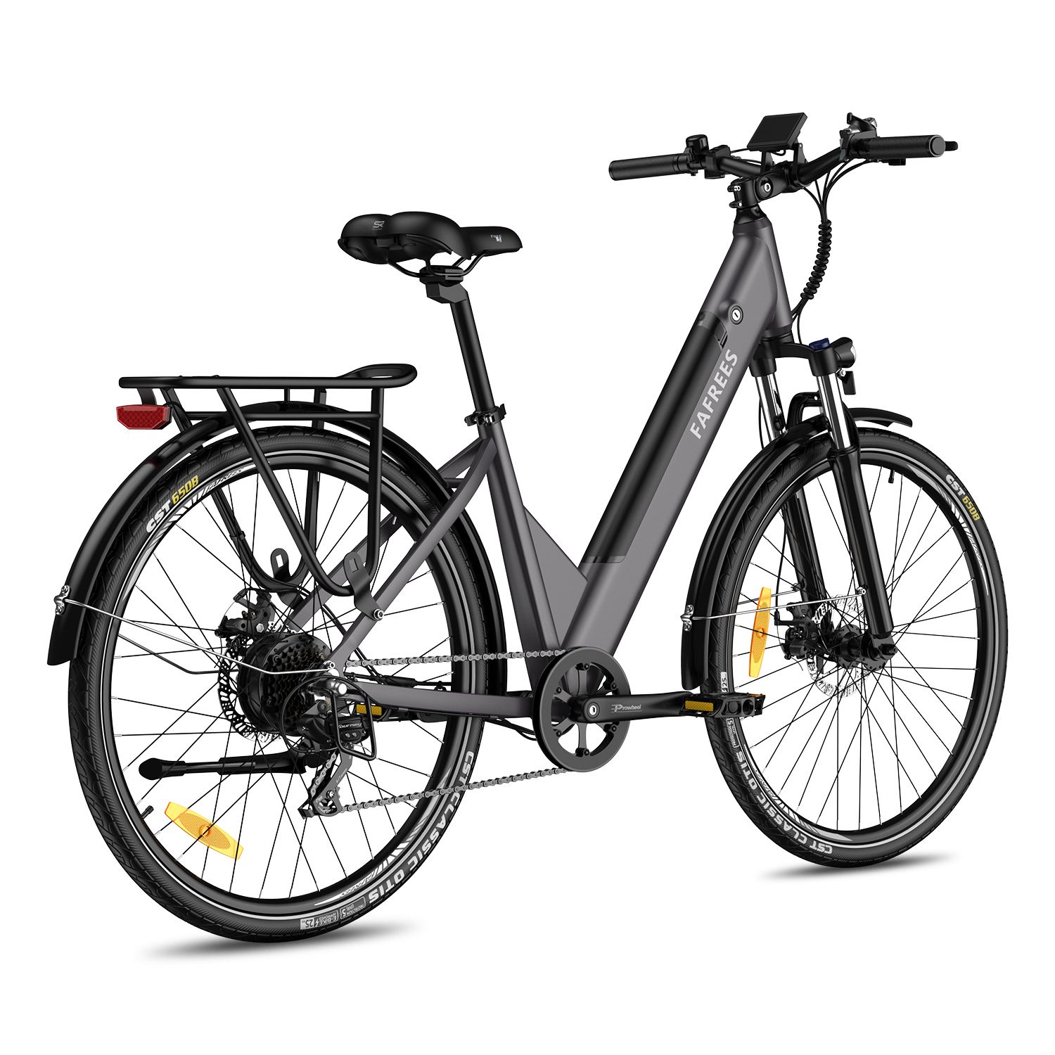 Vélo électrique gris FAFREES avec porte-bagages et garde-boue. Pneus noirs avec détails jaunes.