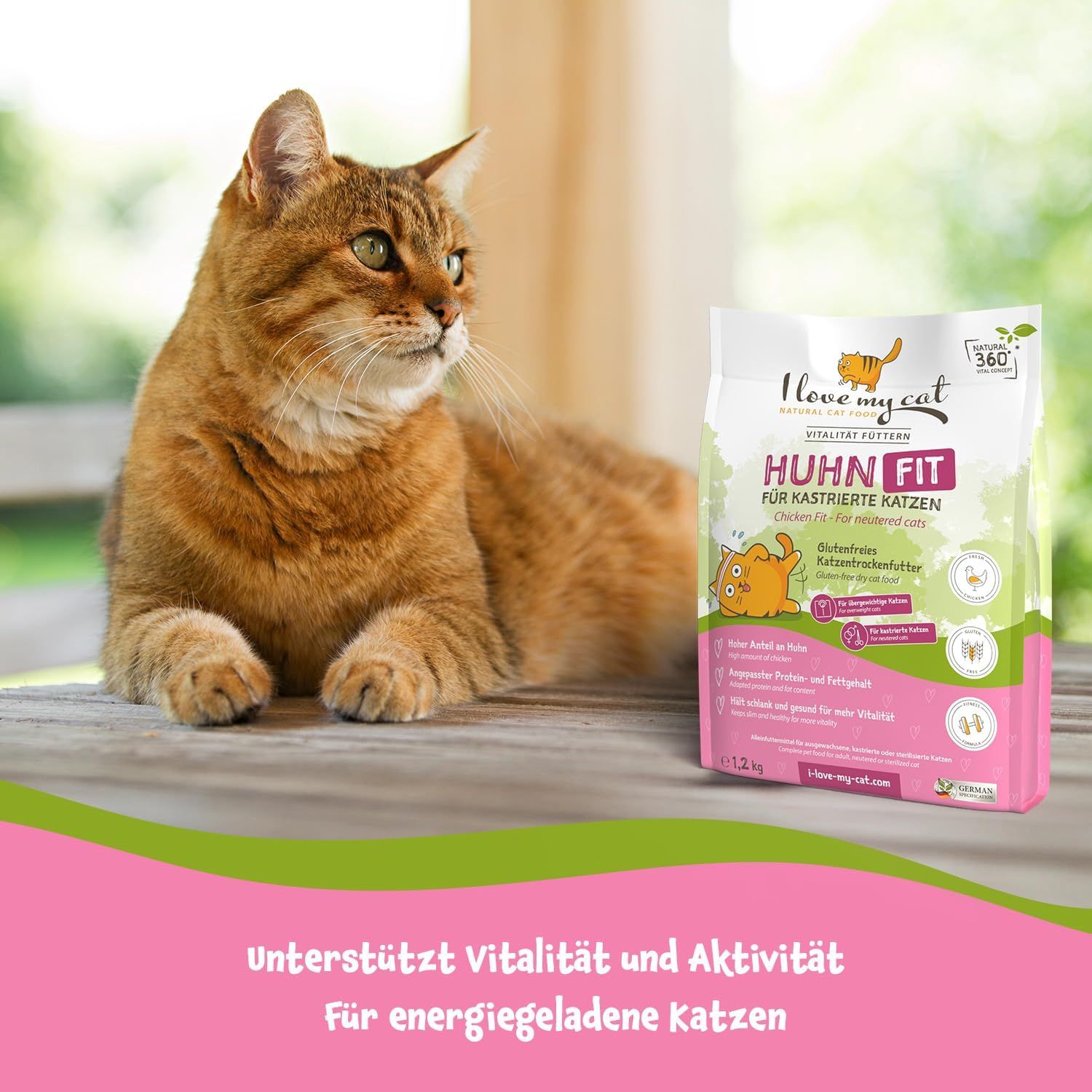 Kat naast een zak kattenvoer. Opschrift: I love my cat, Huhn Fit, voor gecastreerde katten. Bevat een kattenstripfiguur.
