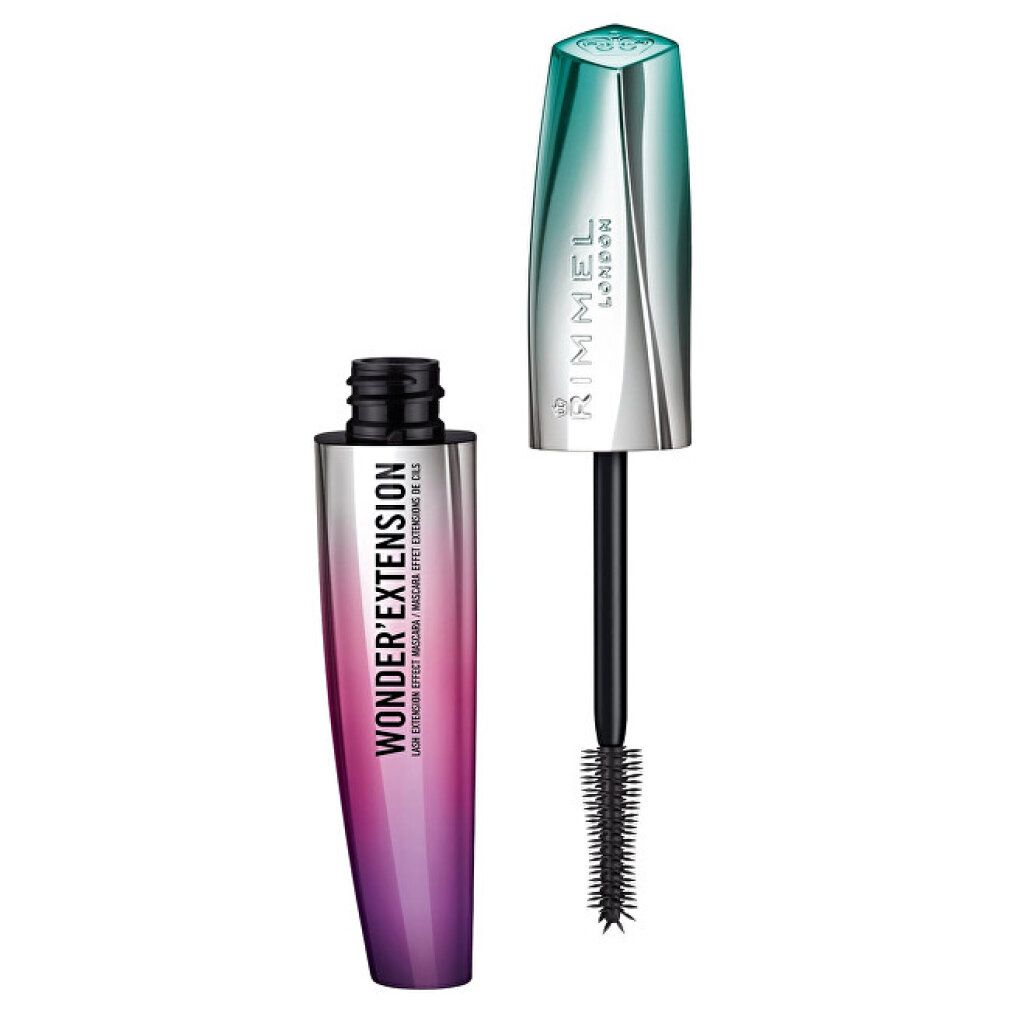 Mascara Rimmel Wonder'Extension. Flacon et brosse. Dégradé de vert à violet. Texte: Sehr Schwarz.
