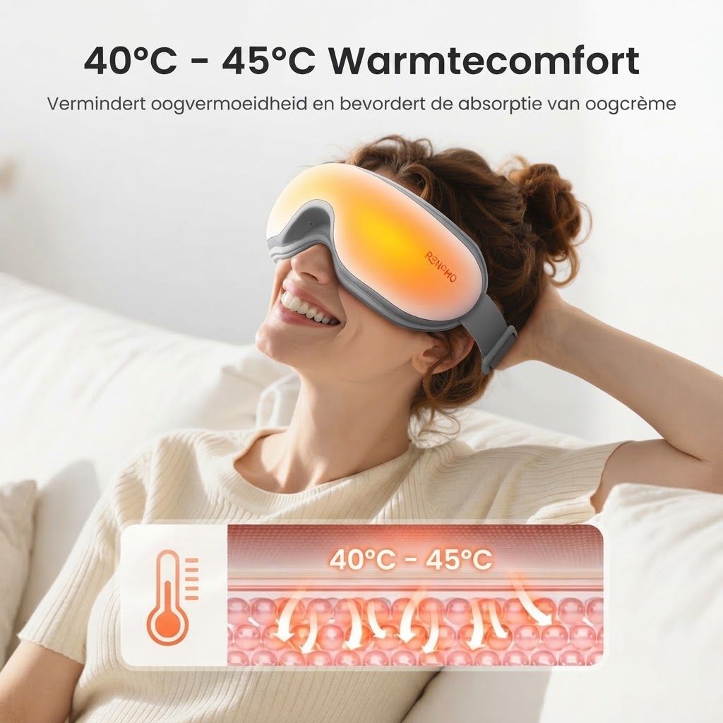 Grijze verwarmbare oogmasker met oranje verlichting, gedragen door een lachende vrouw. Temperatuurindicatie 40-45°C.
