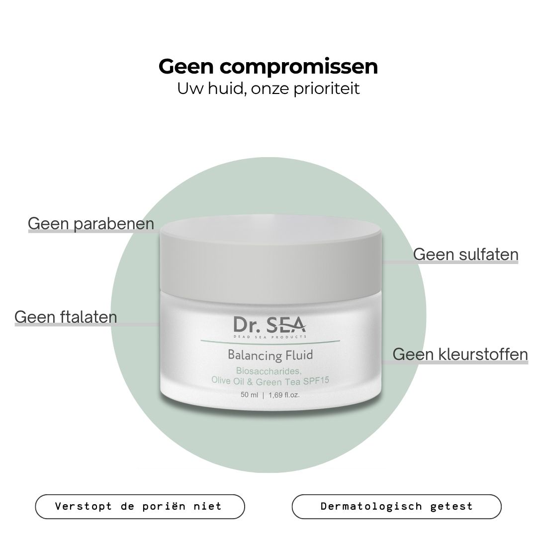 Product met tekst. Tekst: Zonder parabenen, Zonder ftalaten, Zonder sulfaten, Zonder kleurstoffen. Dermatologisch getest.