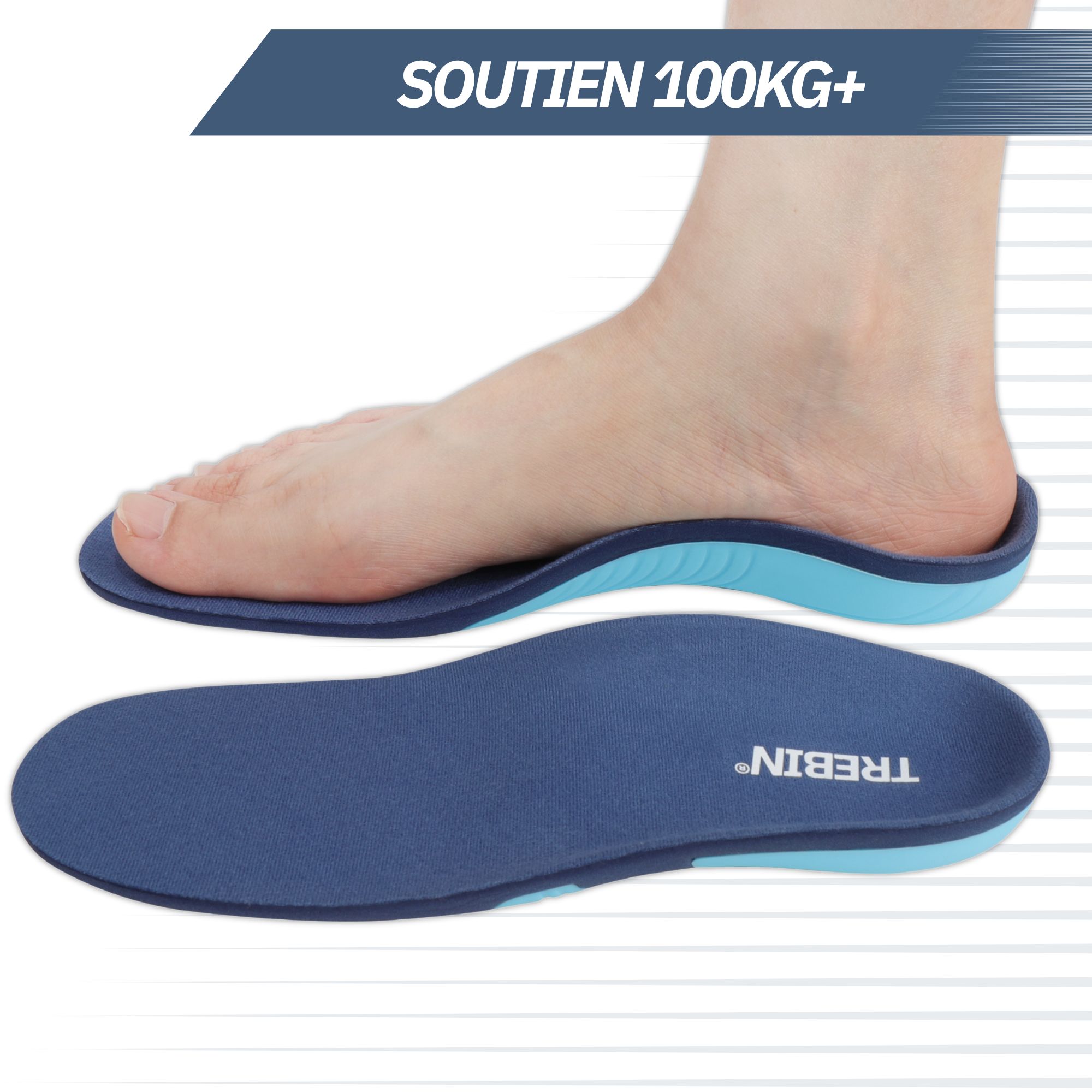 Semelle intérieure bleue avec empreinte de pied et texte 'SOUTIEN 100KG+'.