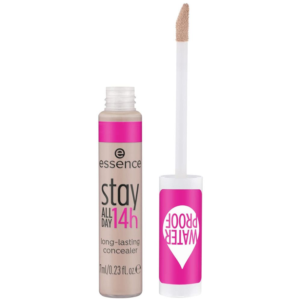 Correcteur liquide avec applicateur. Flacon avec accents roses et texte. Inscription: Essence, Stay All Day 14h, long-lasting concealer, waterproof.