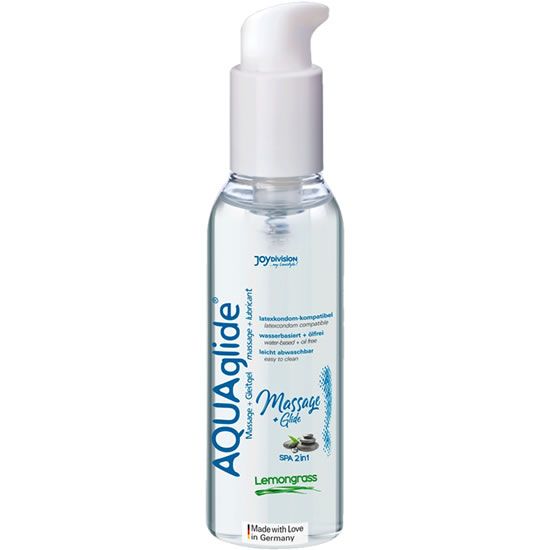 Transparante fles met witte pomp. Opschrift AQUAglide, Massage + Glide, Lemongrass. Dermatologisch getest.