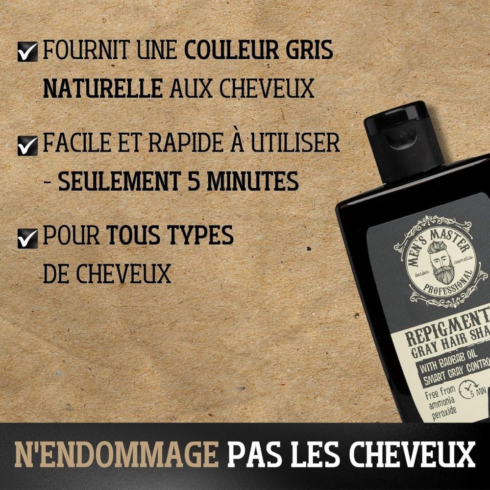 Flacon de produit avec texte. Texte : Donne une couleur grise naturelle aux cheveux. Application rapide et facile - seulement 5 minutes. Pour tous types de cheveux.