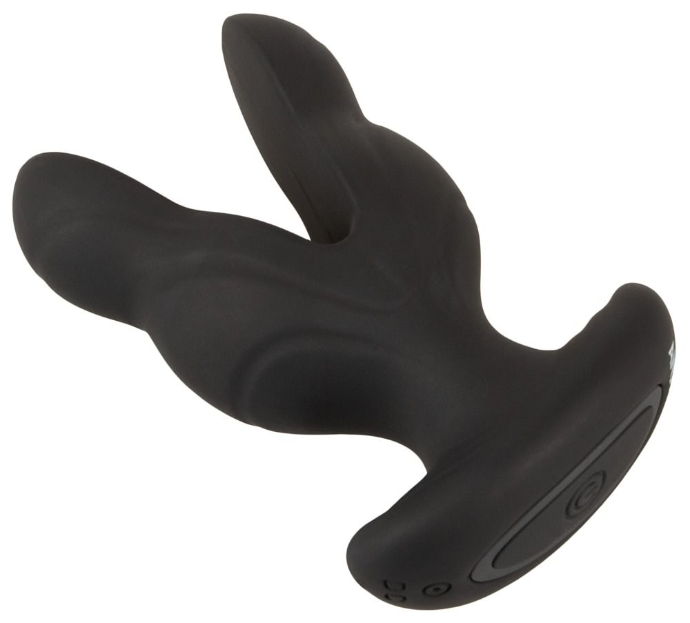 Zwarte anale dilator met V-vormige opening, brede basis en zij-aanzicht.