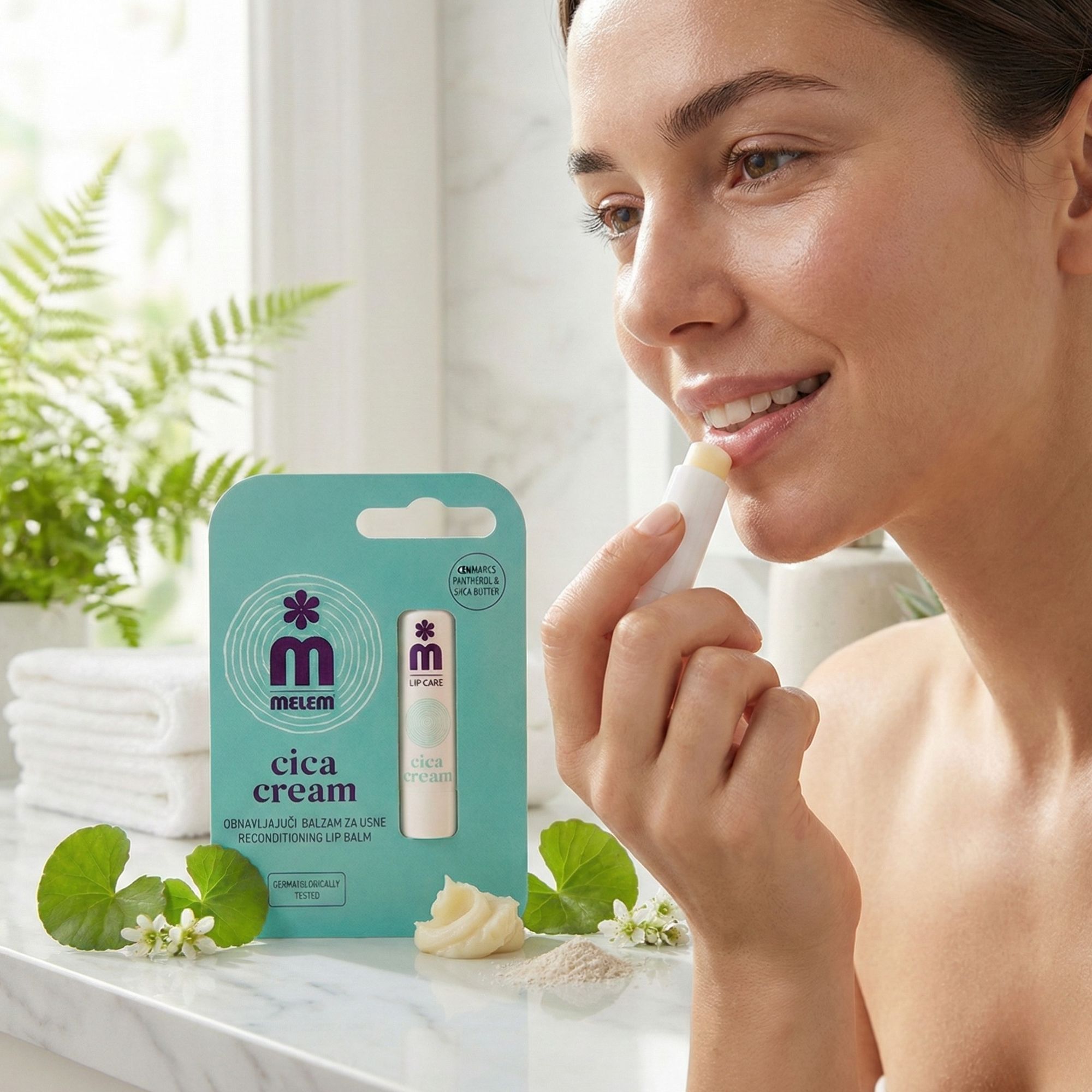 Femme appliquant Melem Cica Cream, stick à lèvres régénérant. Emballage turquoise et blanc, stick blanc. Fleurs, feuilles, crème et poudre.