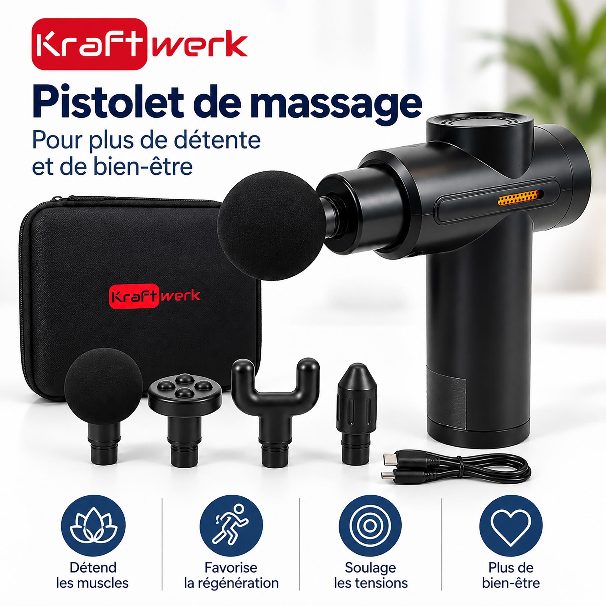 Pistolet de massage avec 4 embouts, étui et câble USB.