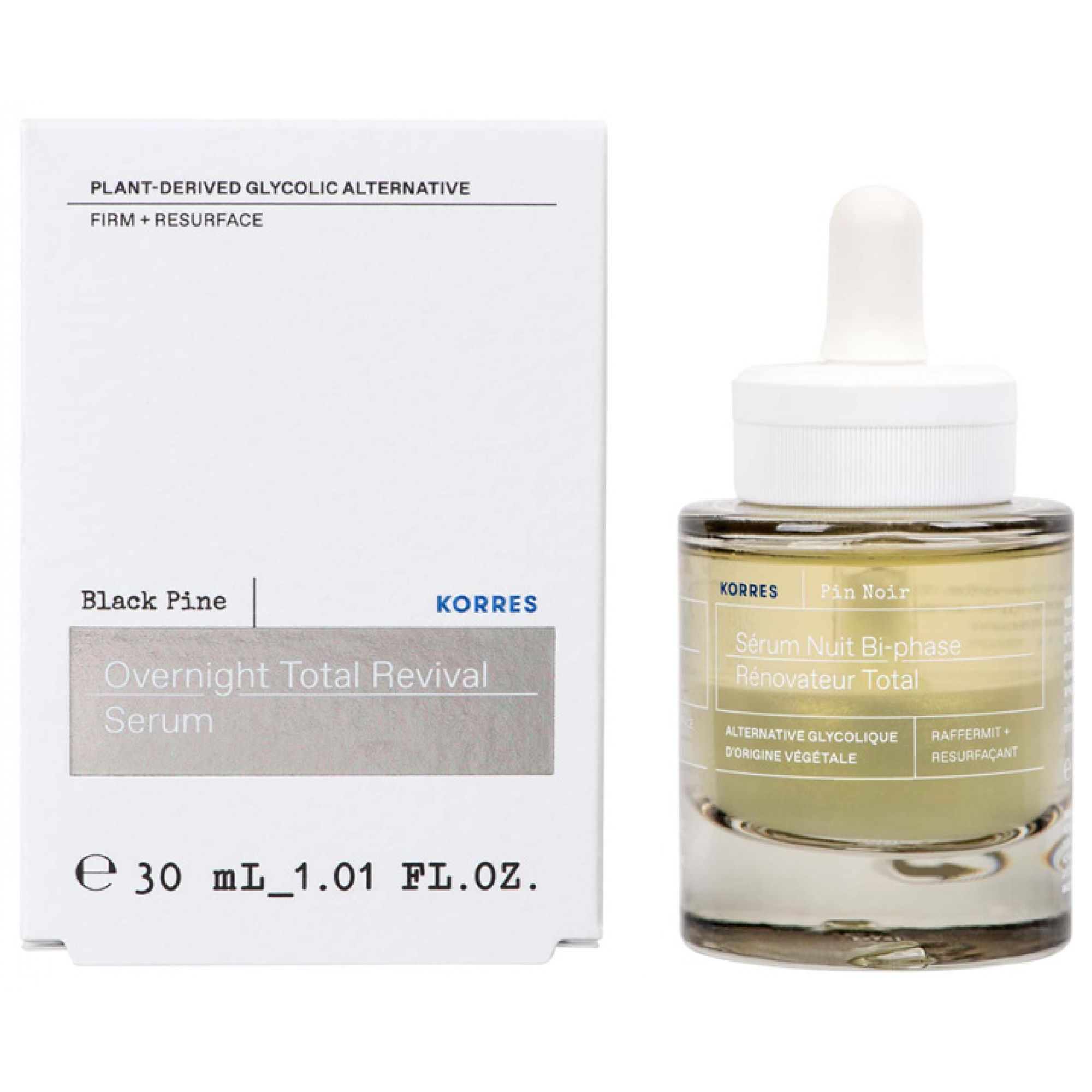 KORRES Black Pine Serum: glazen fles met druppelaar, kartonnen doos. 30 ml.
