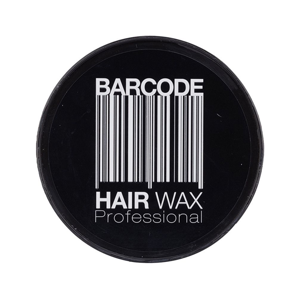 Ronde, zwarte pot met witte barcode. Tekst: BARCODE, HAIR WAX PROFESSIONAL.