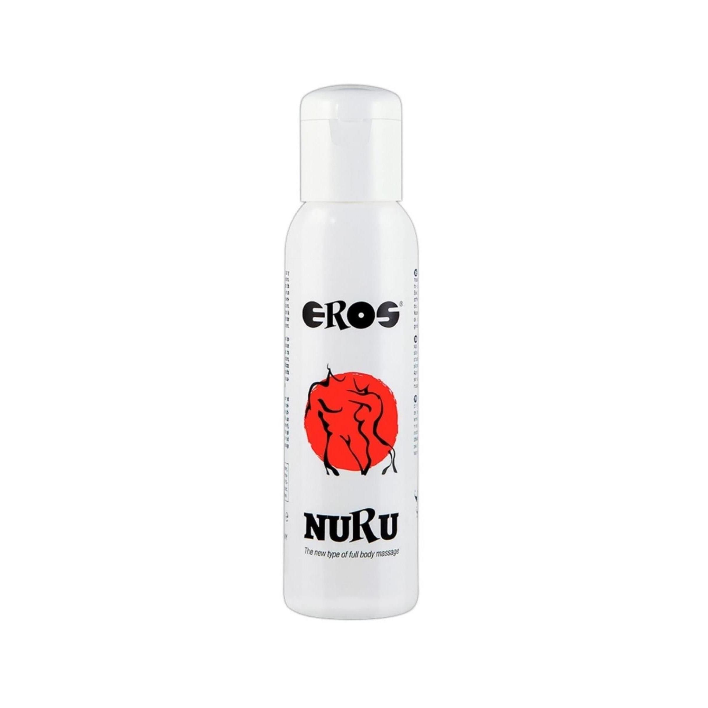 Flacon blanc avec bouchon blanc. Inscription: EROS, cercle rouge avec figures, NURU.