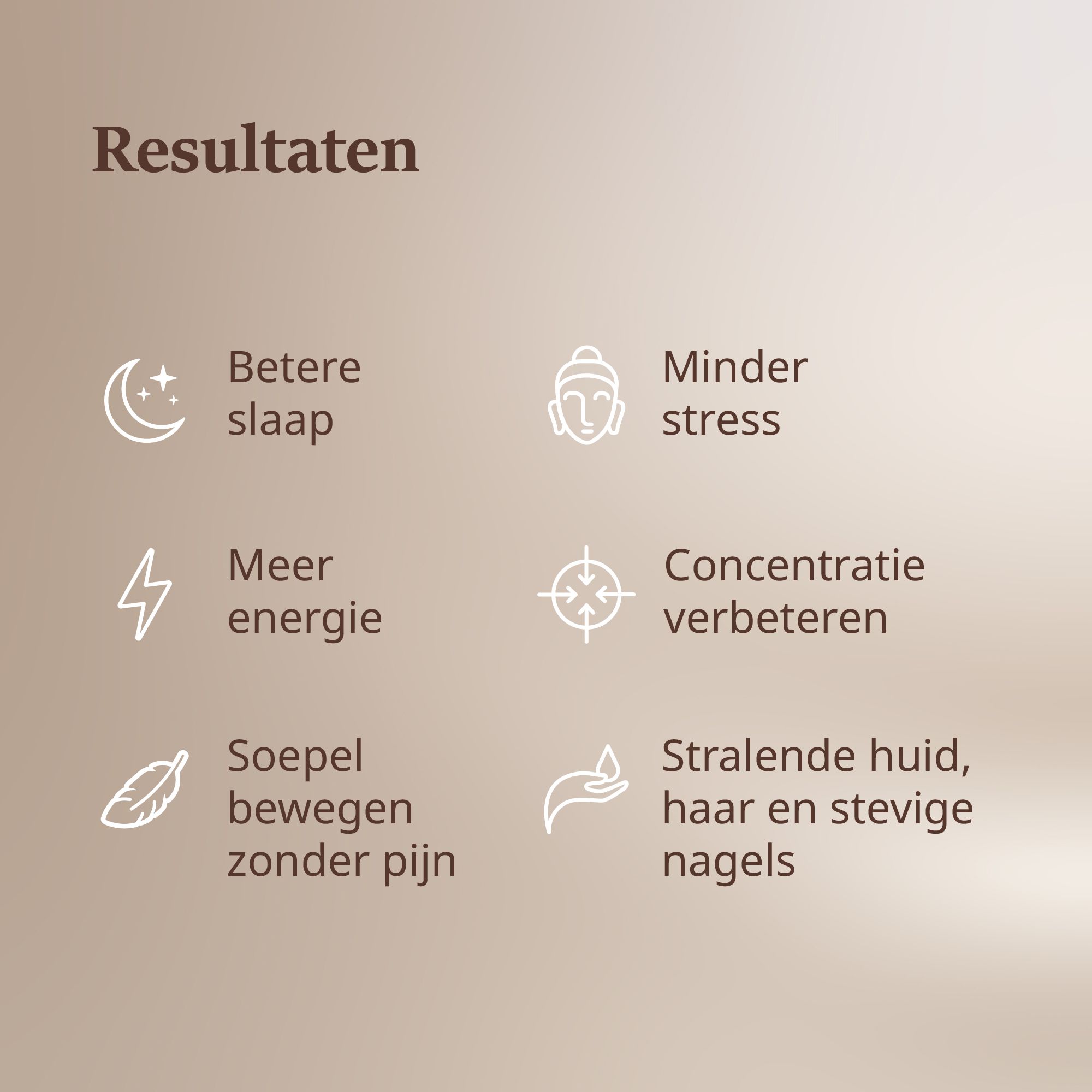 Grafiek met iconen: Betere slaap, minder stress, meer energie, betere concentratie, soepele bewegingen, stralende huid.
