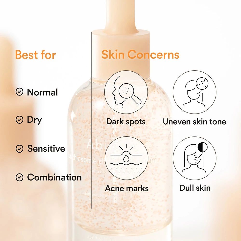 Flacon de produit avec texte : Idéal pour : Normal, Sec, Sensible, Mixte. Problèmes de peau : Taches sombres, acné, teint inégal.