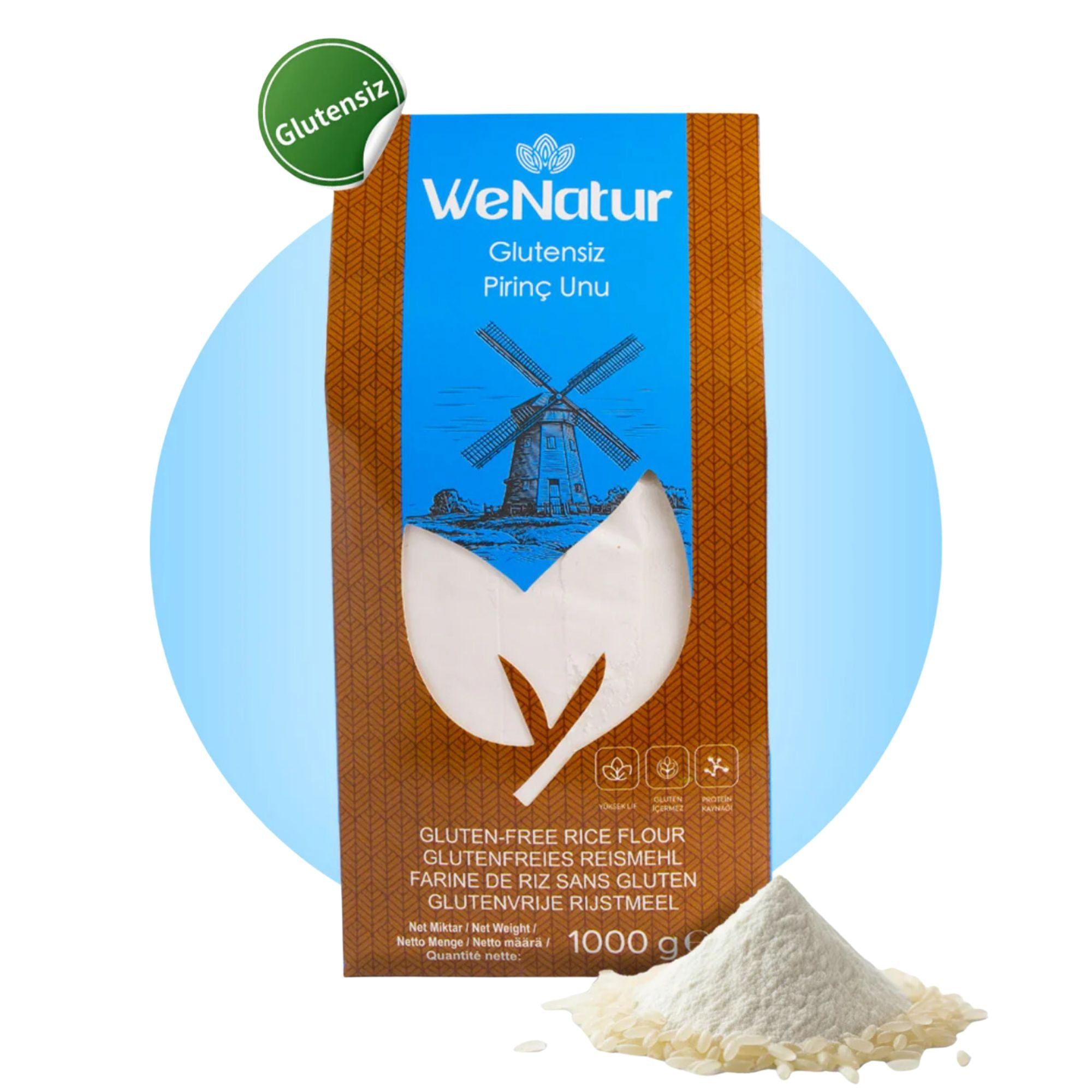 WeNatur glutenvrije rijstmeel met een "Glutenvrij"-zegel en een hoop rijstmeel.