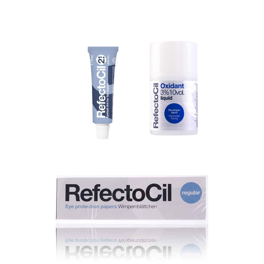 Ensemble de teinture pour cils, oxydant et coussinets pour les yeux. Les produits sont conditionnés en tubes, flacons et boîte.