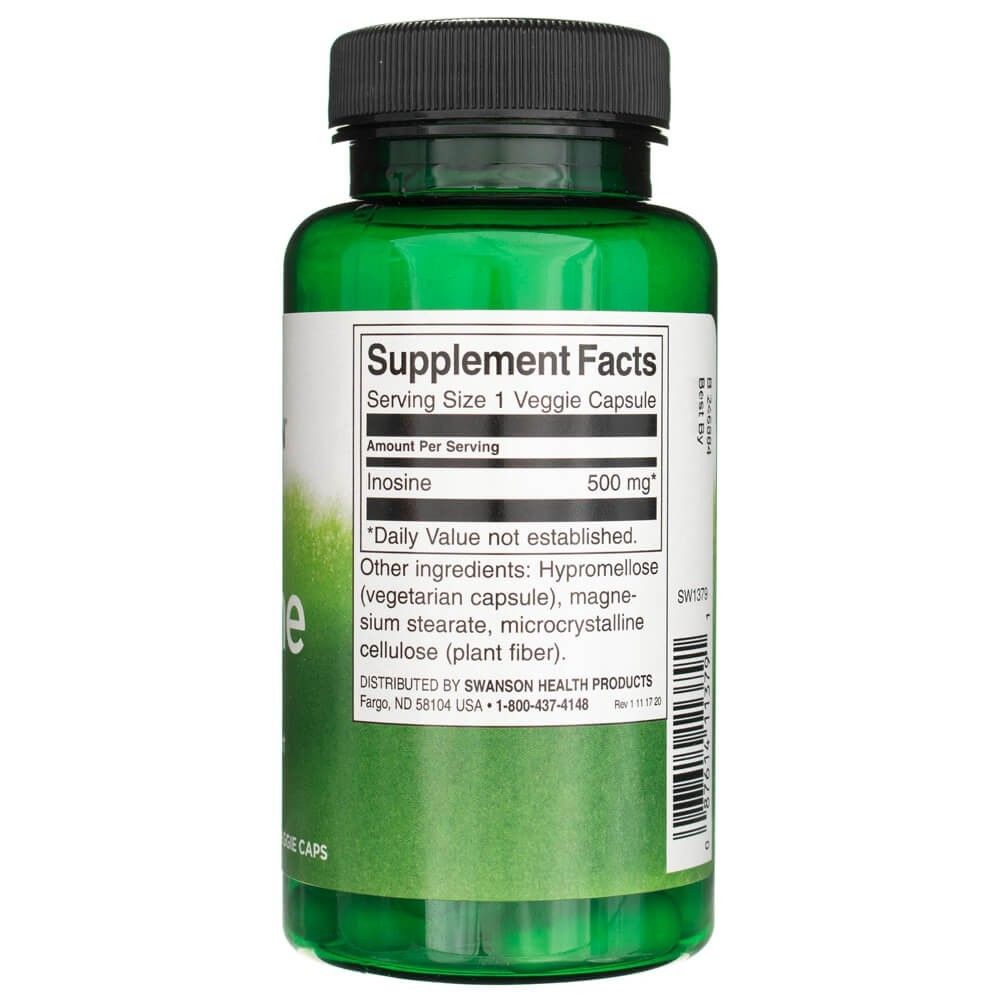 Gélule verte avec étiquette Supplement Facts, Inosine 500 mg par gélule végétarienne.