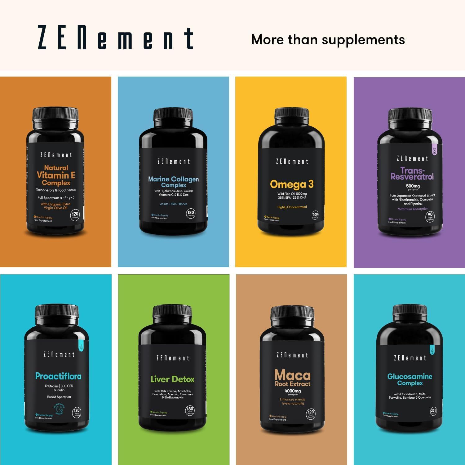Divers flacons de compléments alimentaires Zenement. Produits : Natural Vitamin E, Marine Collagen, Omega 3, Trans-Resveratrol, Proactiflora, Liver Detox, Maca, Glucosamine.