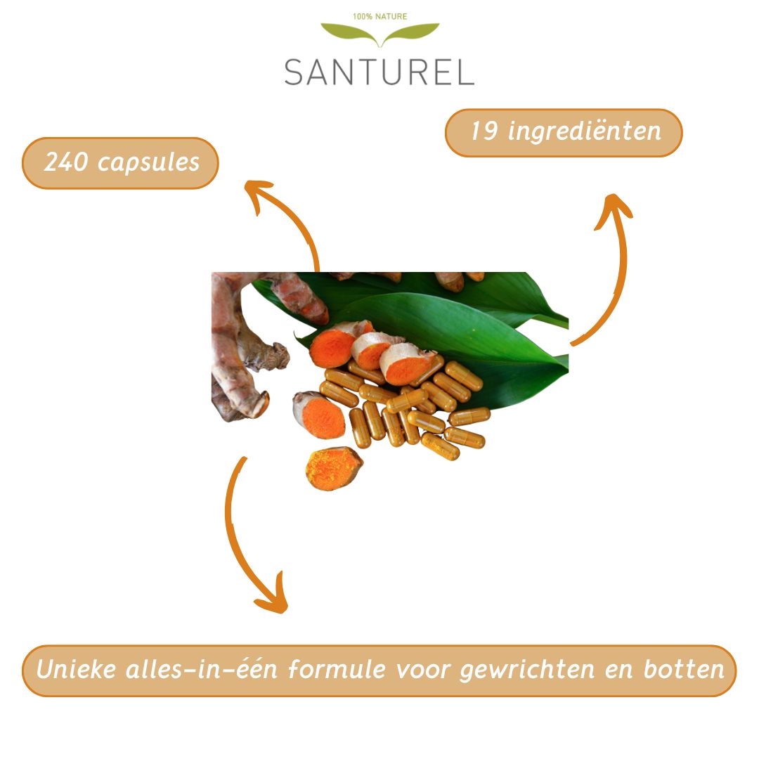Capsules, kurkuma, gember en bladeren. Opschrift: 240 capsules, 19 ingrediënten. Tekst: Unieke alles-in-één formule.
