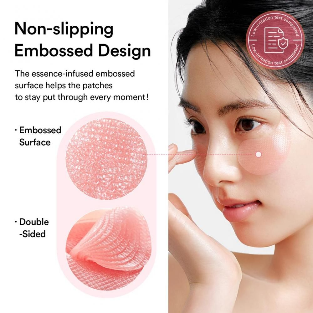 Gros plan d'un patch pour les yeux. Texte : Non-slipping Embossed Design. Deux images du patch. Femme touchant son visage.
