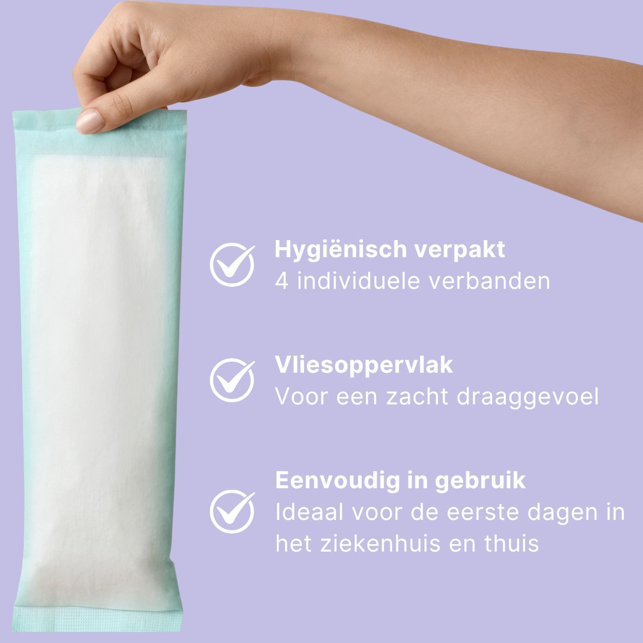 Nederlandse beschrijving van het MyClarella koelverband: Hygiënisch verpakt, vliesoppervlak, eenvoudig in gebruik.