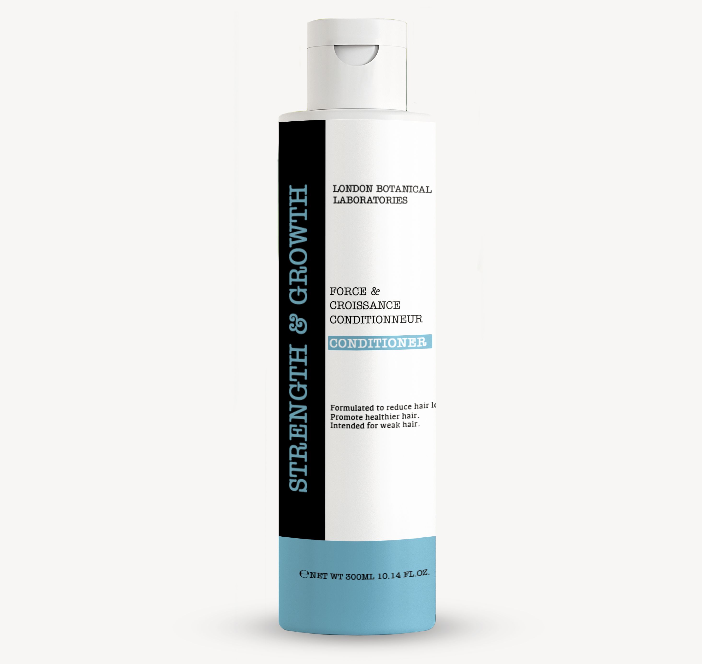 London Botanical Laboratories Strength & Growth Conditioner in witte fles met blauw en zwart etiket.