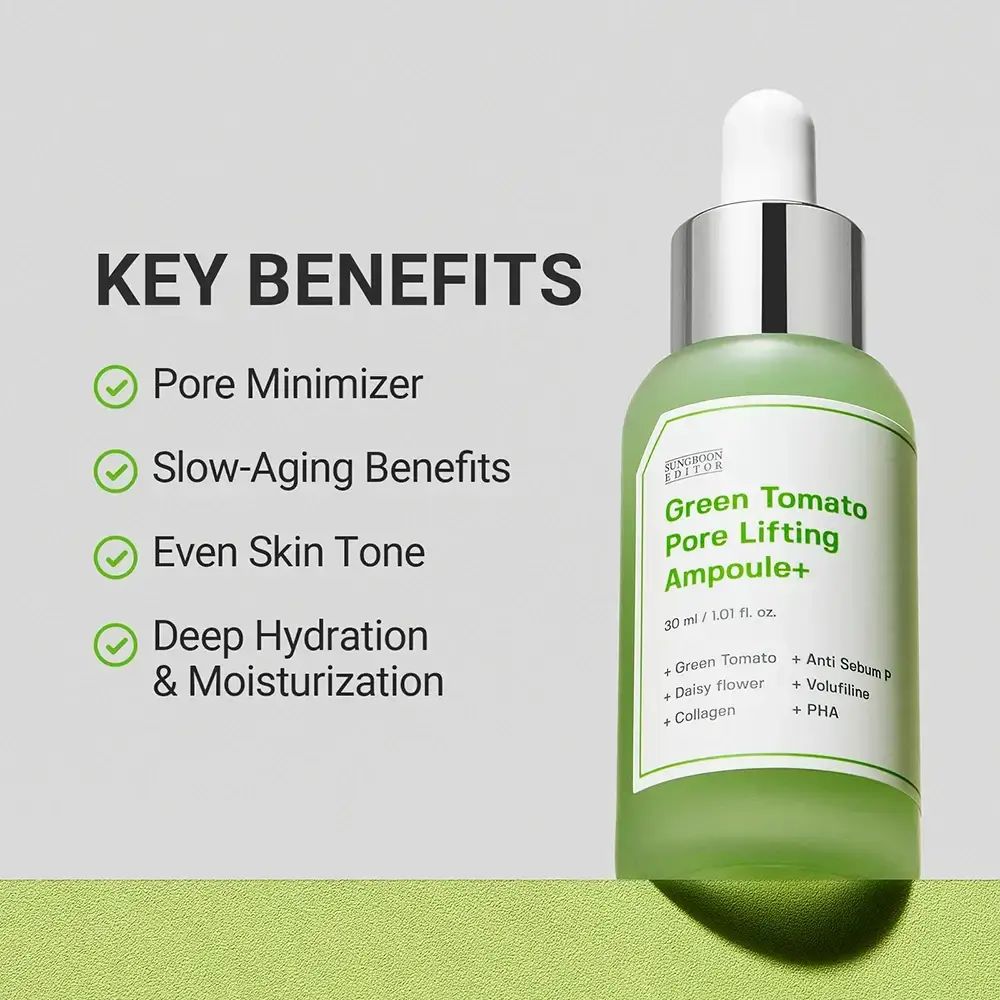 Groen serumflesje met tekst: Green Tomato Pore Lifting Ampoule+. Voordelen: poriën minimaliseren, anti-aging.