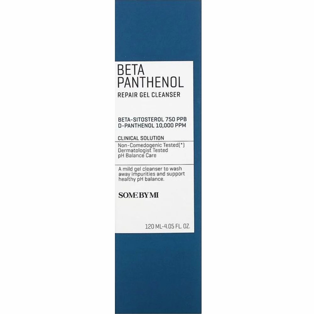 Flacon bleu avec étiquette blanche. Inscription: Beta Panthenol Repair Gel Cleanser. Marque: SOMEBYMI.
