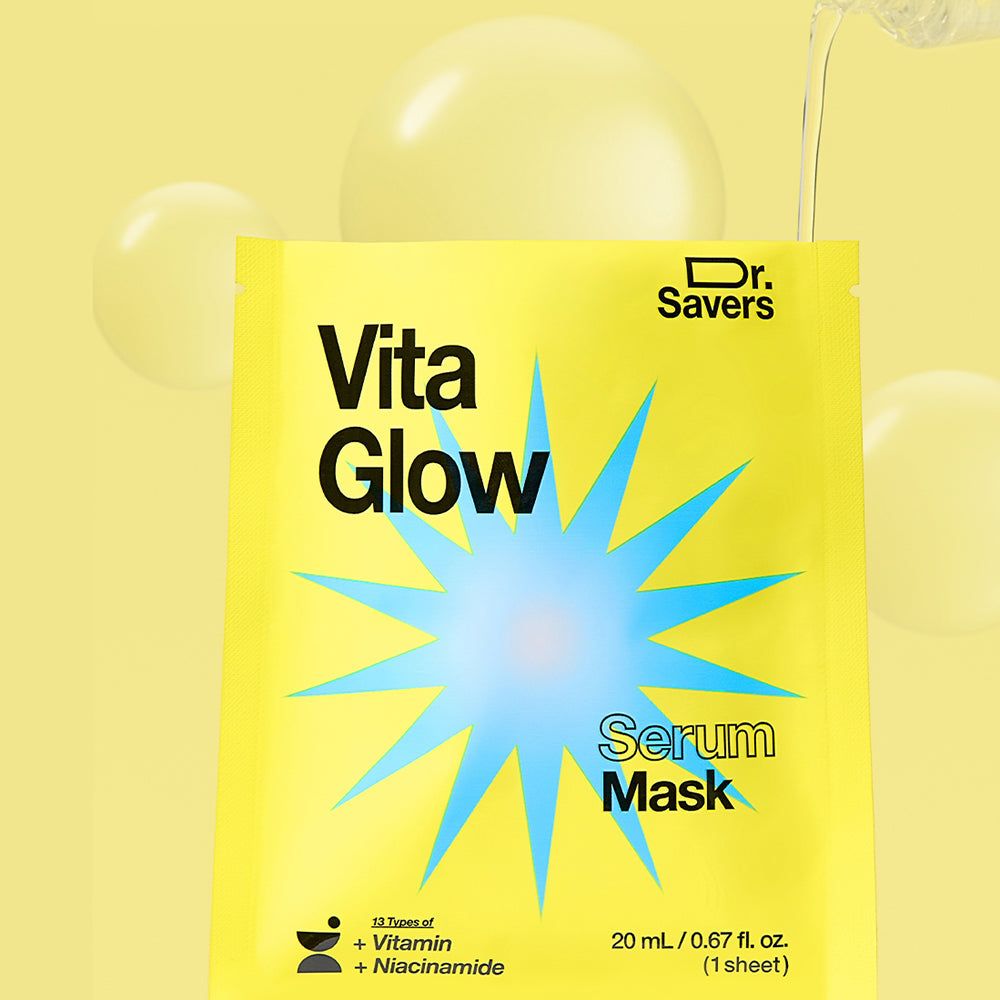 Emballage d'un masque sérum Vita Glow entouré de cercles jaunes doux.