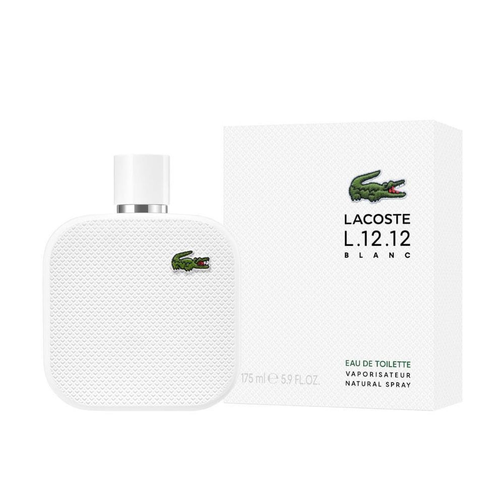 Flacon de parfum blanc avec bouchon blanc et logo crocodile vert. Boîte blanche avec logo et texte.