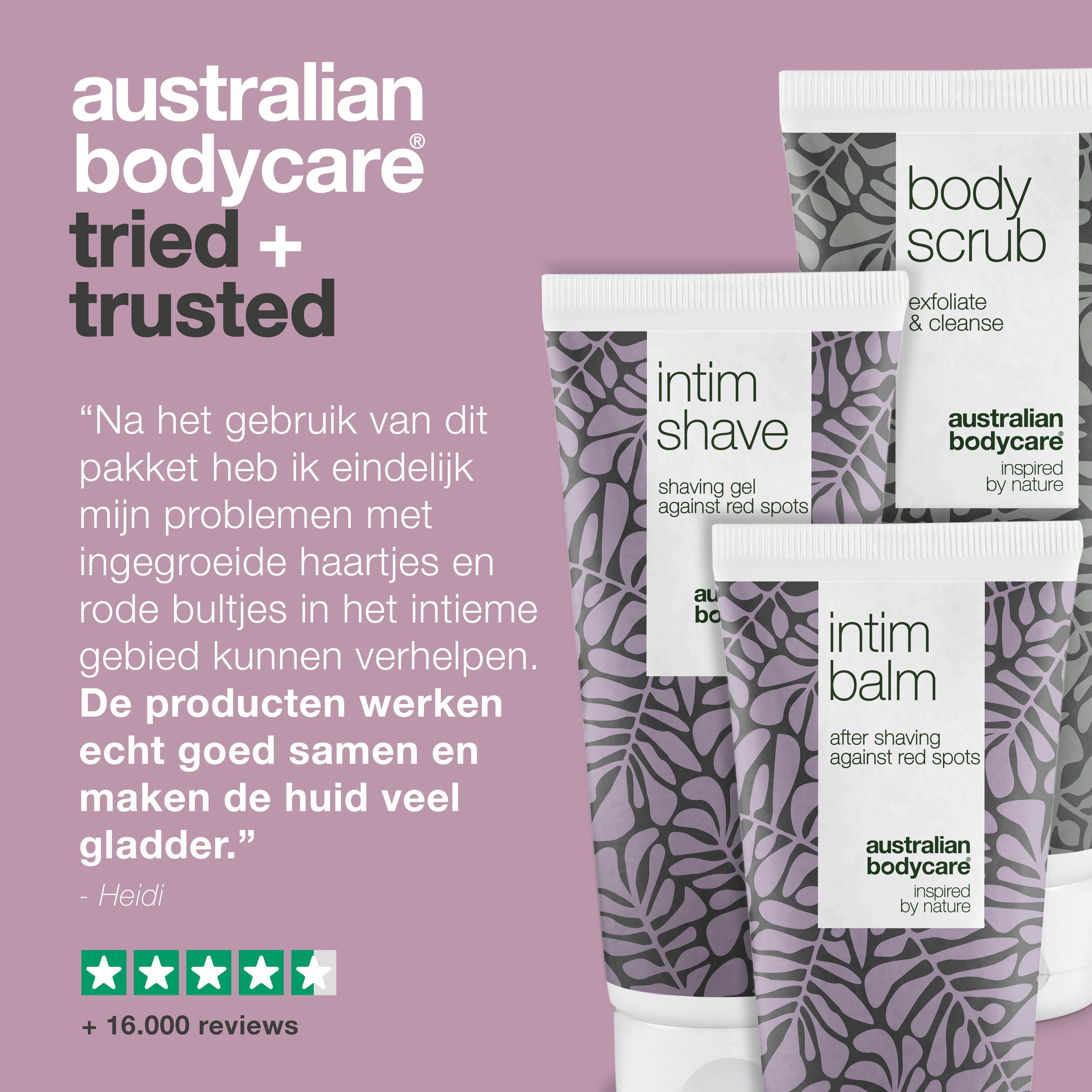 Producten Intimrasur. Tekst: Na gebruik van deze set zijn de problemen met ingegroeide haren en rode bultjes eindelijk weg! +16.000 reviews.