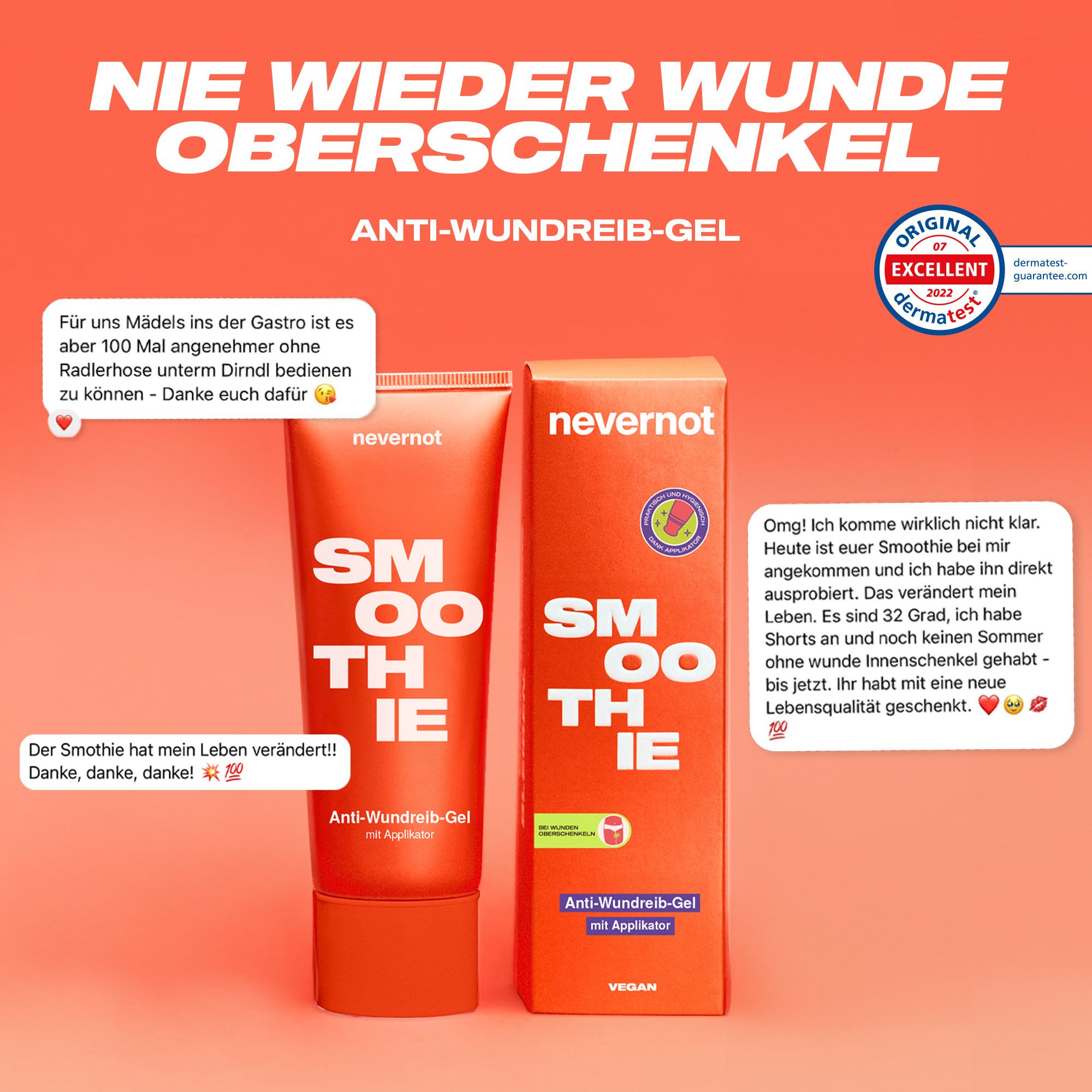 Oranje tube en verpakking naast elkaar. 'nevernot SMOOTHIE Anti-Wundreib-Gel'.