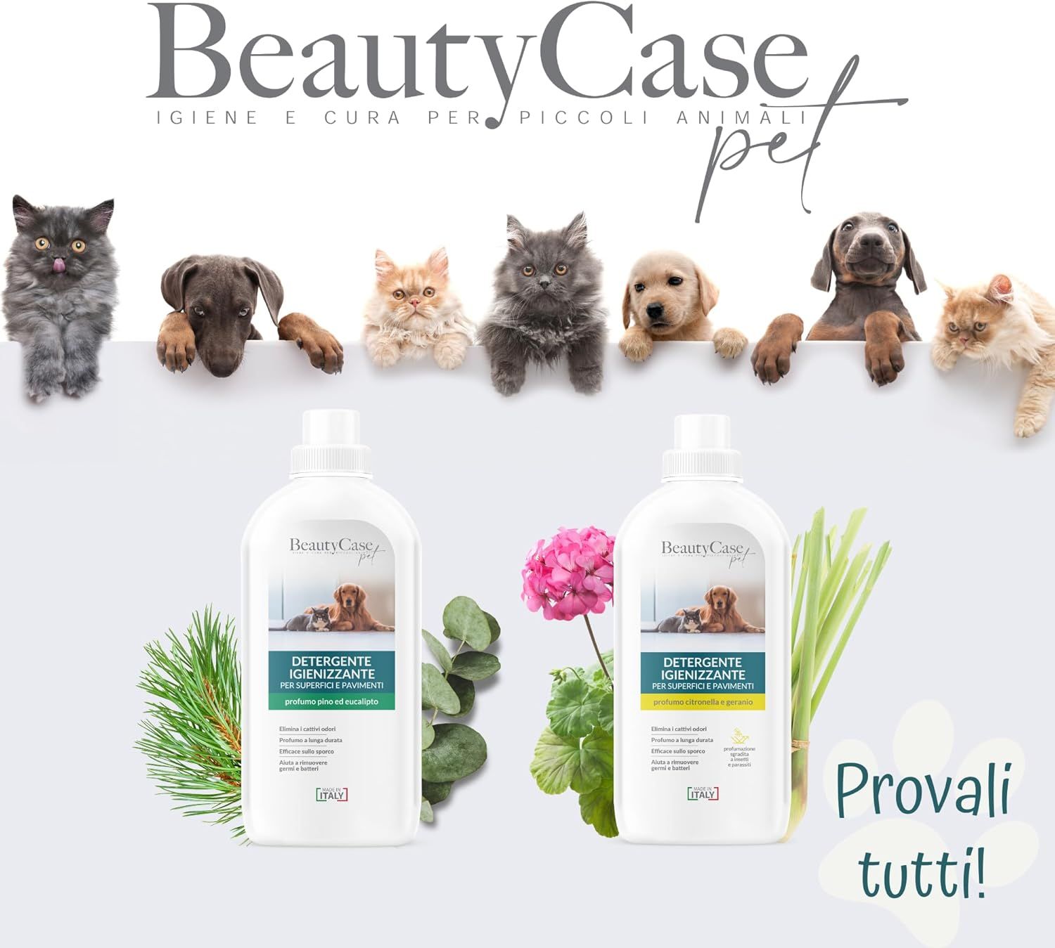 Image publicitaire avec flacons de détergent. Texte: BeautyCase pet. Igiene e cura per piccoli animali. Avec chiens et chats.