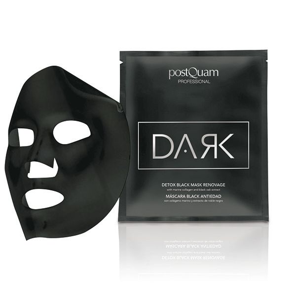 Zwart gezichtsmasker en verpakking. Verpakking met tekst "DARK" en "postQuam PROFESSIONAL". Masker met openingen voor ogen, neus en mond.