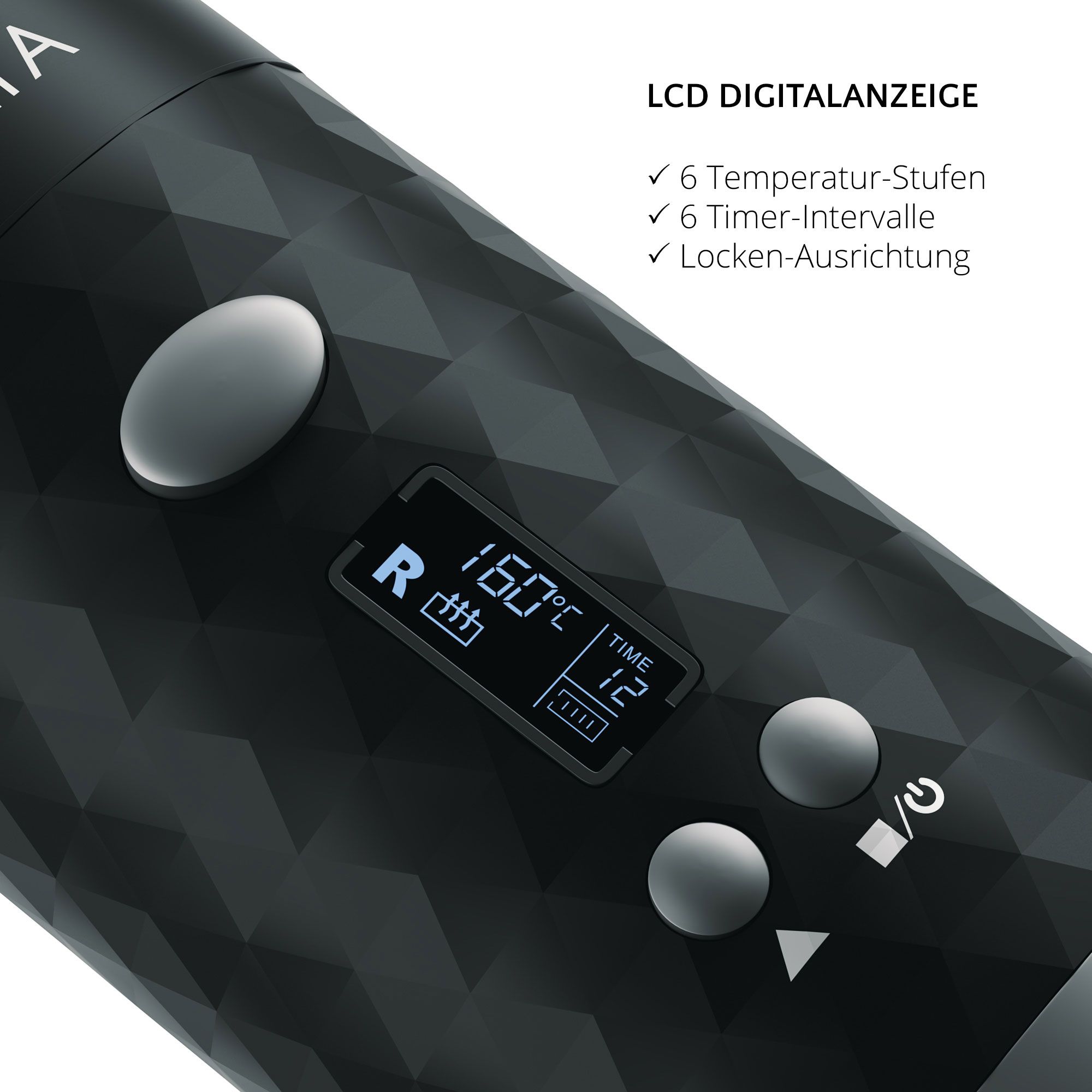 Gros plan sur l'Auto-Curl AILORIA REVOLUTIONNE. Affichage numérique avec température et minuterie. Boutons en dessous. Motif diamant.