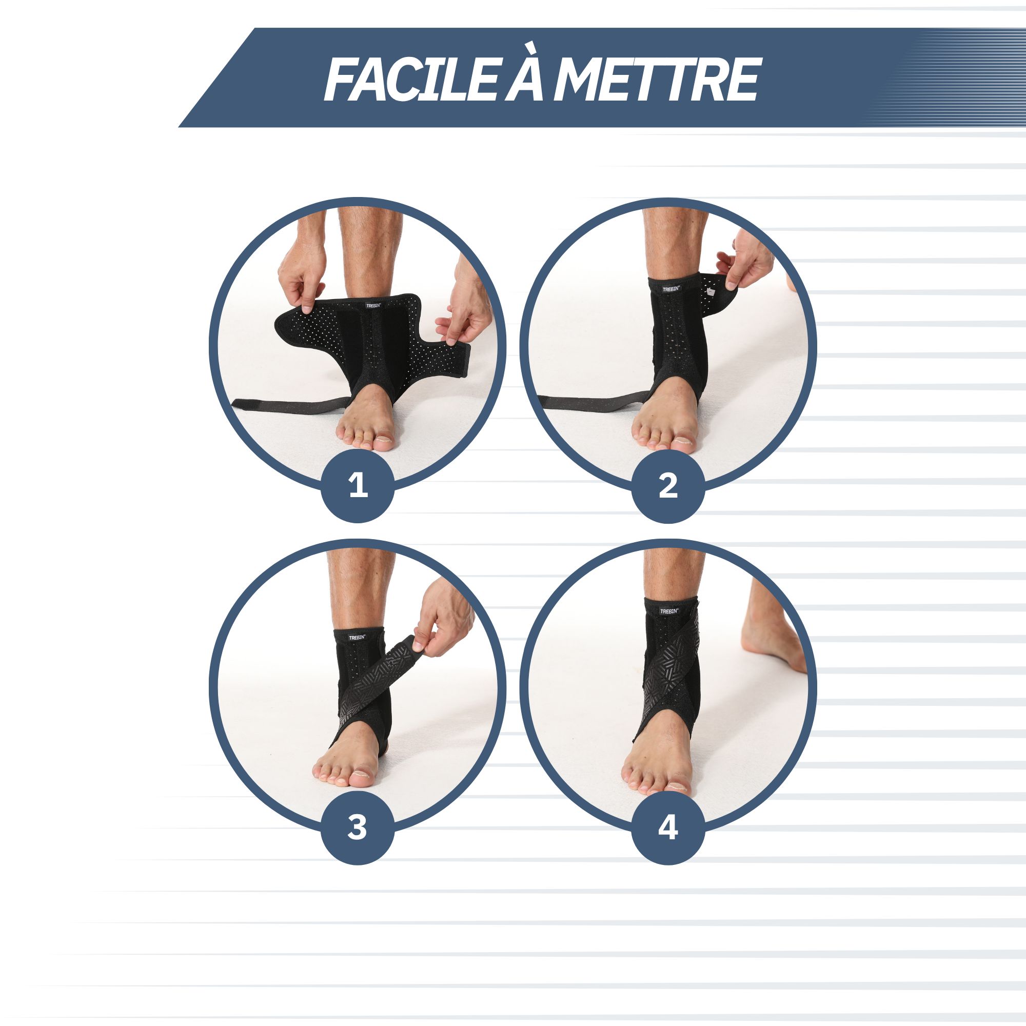 Instructions pour mettre une chevillère en quatre étapes.