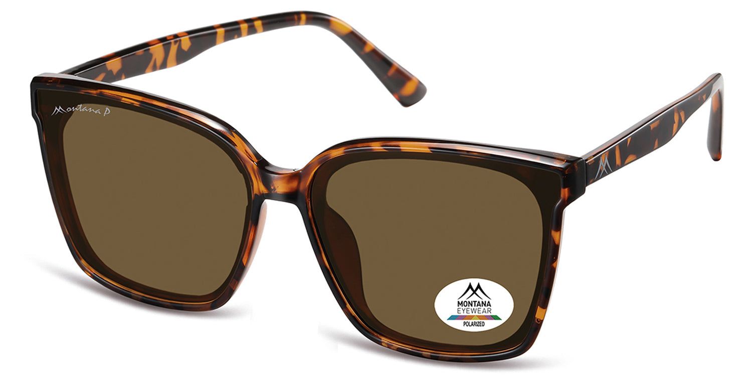 Lunettes de soleil marron et monture écaille. Logo Montana Eyewear sur la branche et le verre. Verres polarisés.