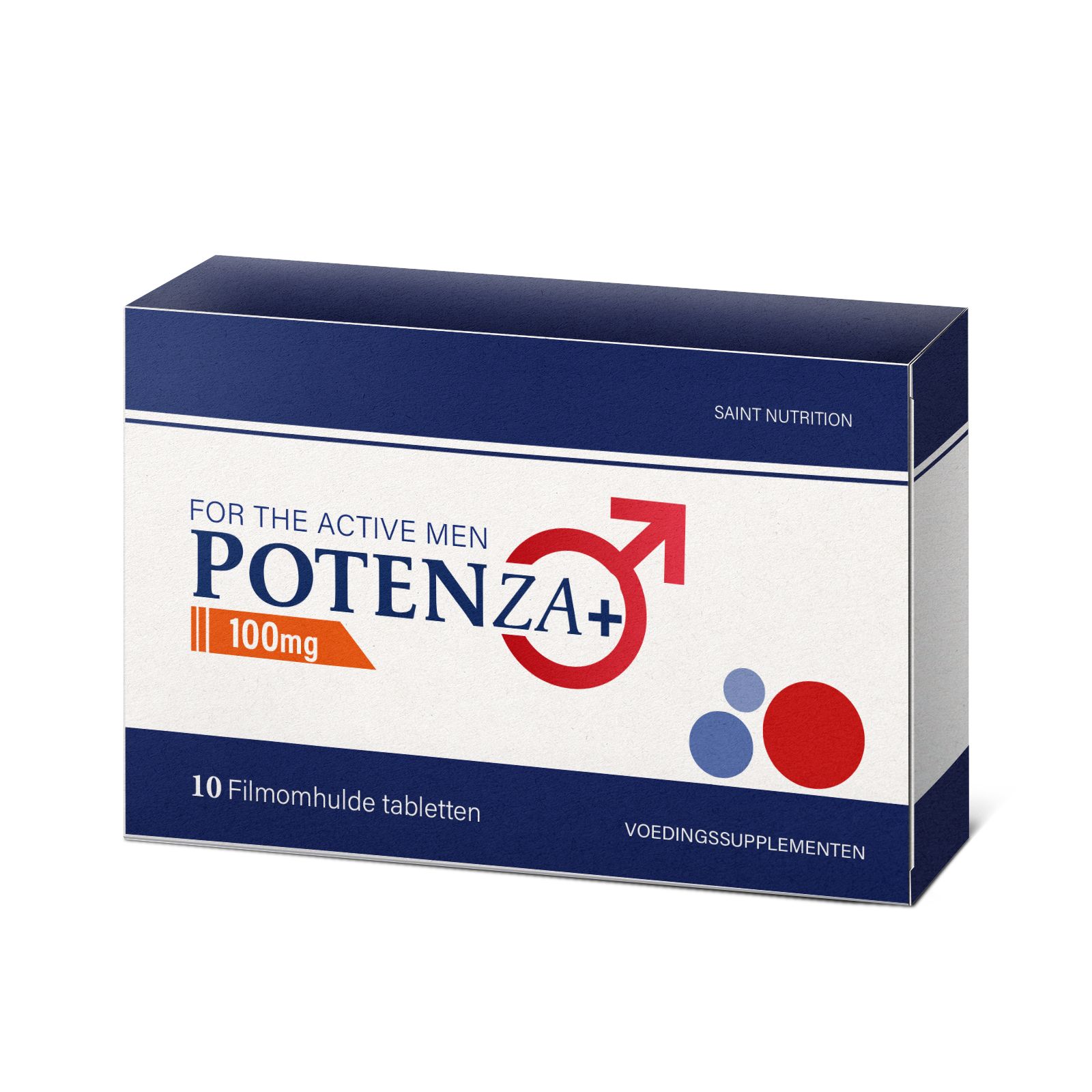 Verpakking met tabletten. Tekst: Potenza+ 100mg. Voor de actieve man. 10 filmomhulde tabletten. Voedingssupplementen.